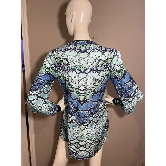 Hale Bob Snakeskin Print Blouse Women’s Small Long‎ Sleeve Popover Blue - Picture 3 of 10